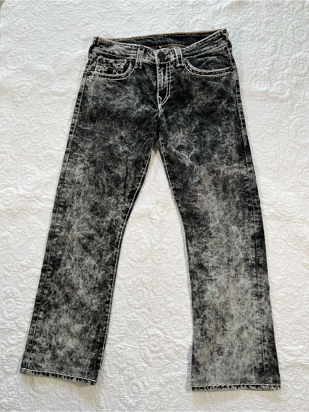 True Religion Ricky Acid Wash Straight Leg Jeans Size 31x28 Original Hem Kept
